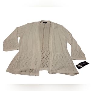 Women's XL Notations White Pointelle Knit Open Front Cardigan